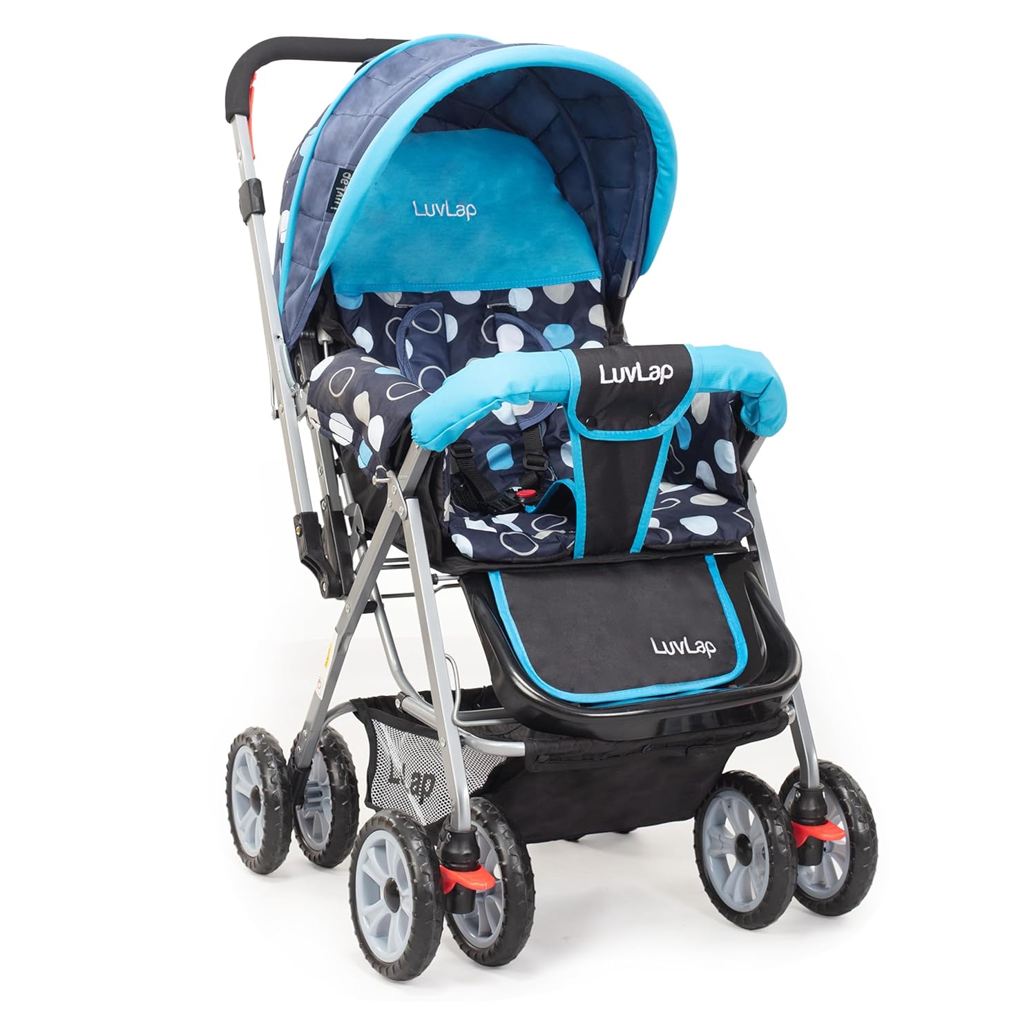 LuvLap Sunshine red and black baby stroller with 5-point safety harness. www,usmile.toys